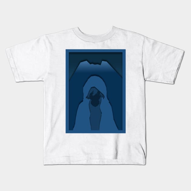 Anime paper cut design with a mountain behind it at night Kids T-Shirt by SanTees